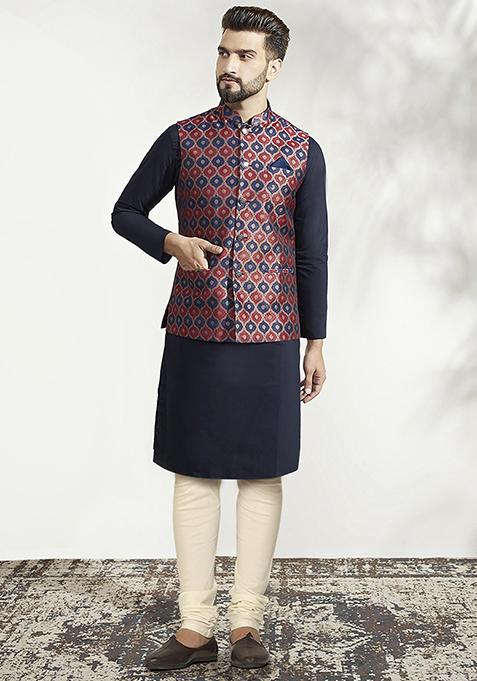 Red Jacquard Silk Blend Kurta Jacket Set