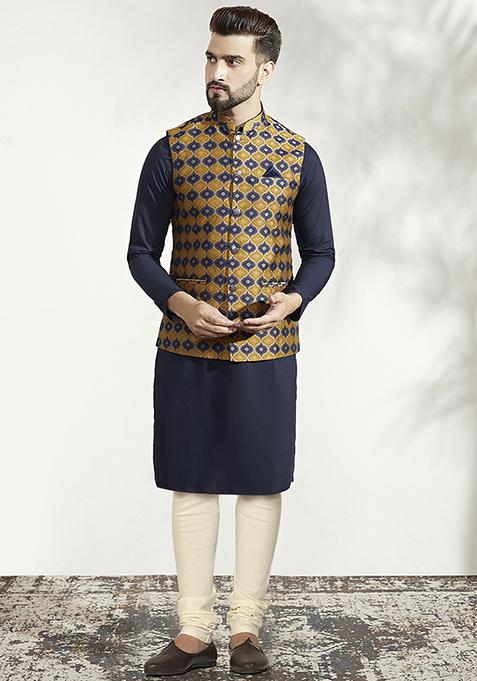 Mustard Jacquard Silk Blend Kurta Jacket Set