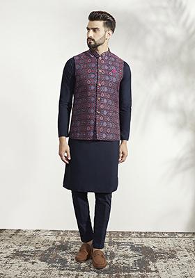 Multicolour Woven Jacquard Silk Blend Jacquard Kurta Jacket Set