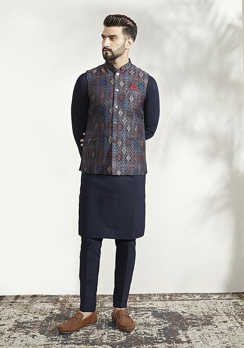 Multicolour Woven Jacquard Silk Blend Jacquard Kurta Jacket Set