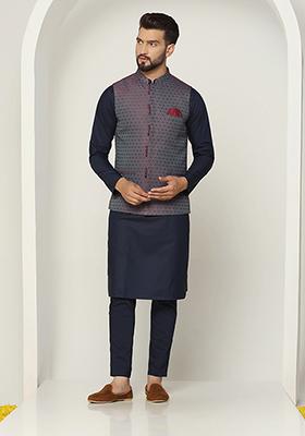 Blue Textured Silk Blend Jacquard Kurta Jacket Set