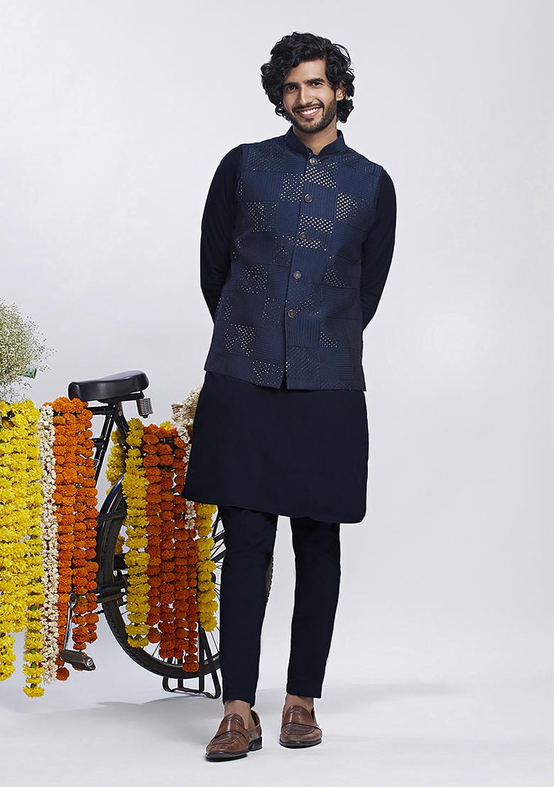 Navy Blue Sequin Embroidered Cotton Blend Kurta Jacket Set