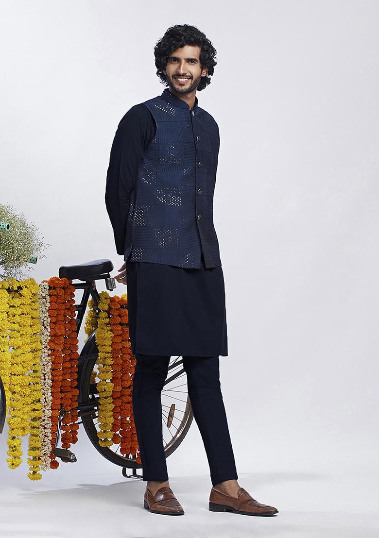 Navy Blue Sequin Embroidered Cotton Blend Kurta Jacket Set