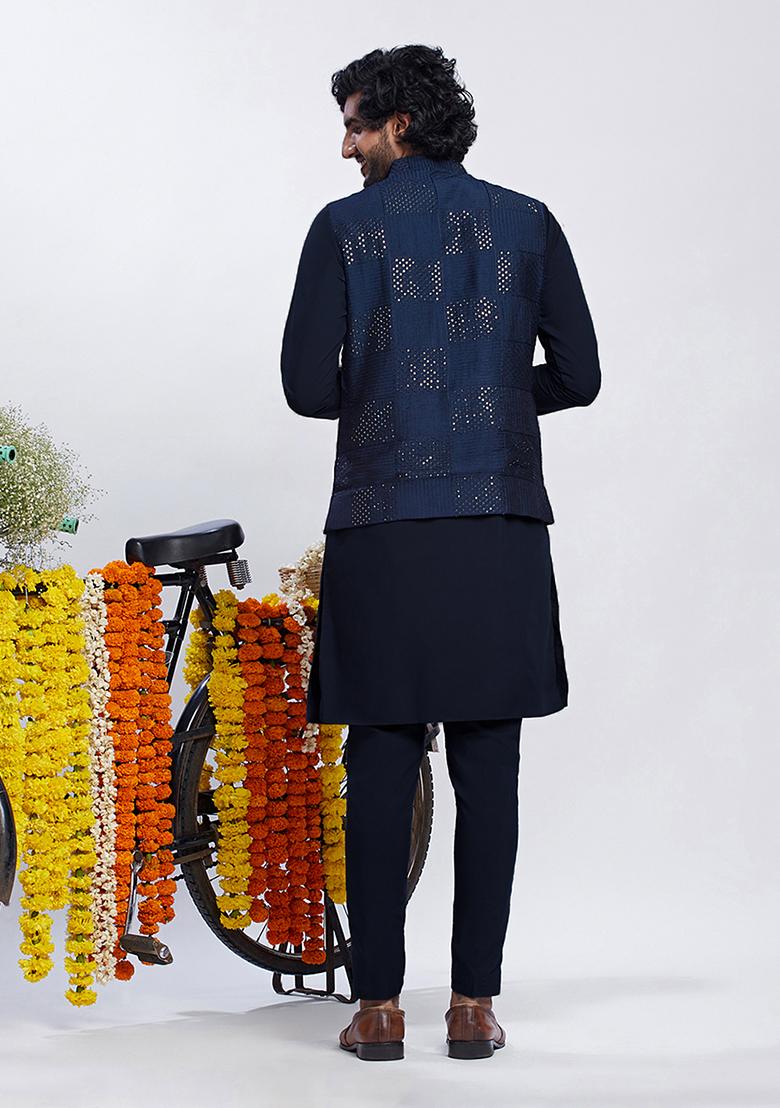Navy Blue Sequin Embroidered Cotton Blend Kurta Jacket Set