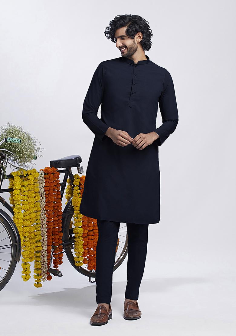 Navy Blue Sequin Embroidered Cotton Blend Kurta Jacket Set