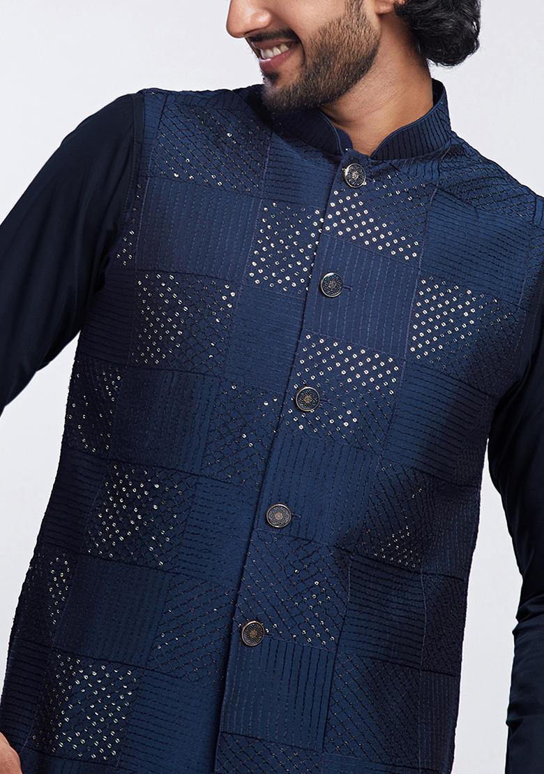 Navy Blue Sequin Embroidered Cotton Blend Kurta Jacket Set