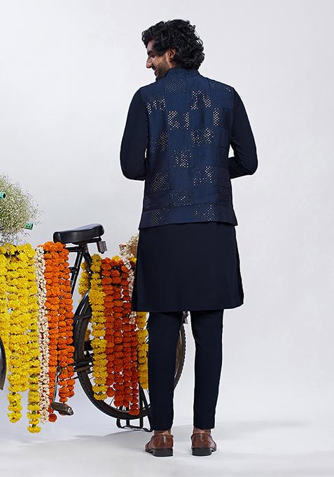Navy Blue Sequin Embroidered Cotton Blend Kurta Jacket Set