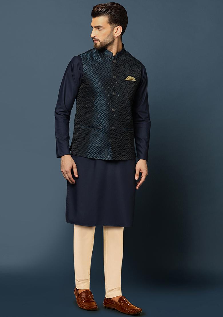 Blue Jacquard Silk Blend Kurta Jacket Set - Indya
