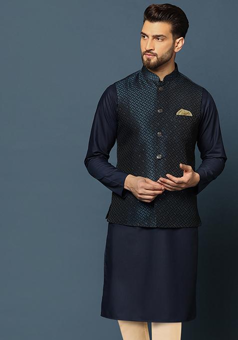 Blue Jacquard Silk Blend Kurta Jacket Set