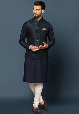 Navy Blue Embellished Silk Blend Jacquard Kurta Jacket Set