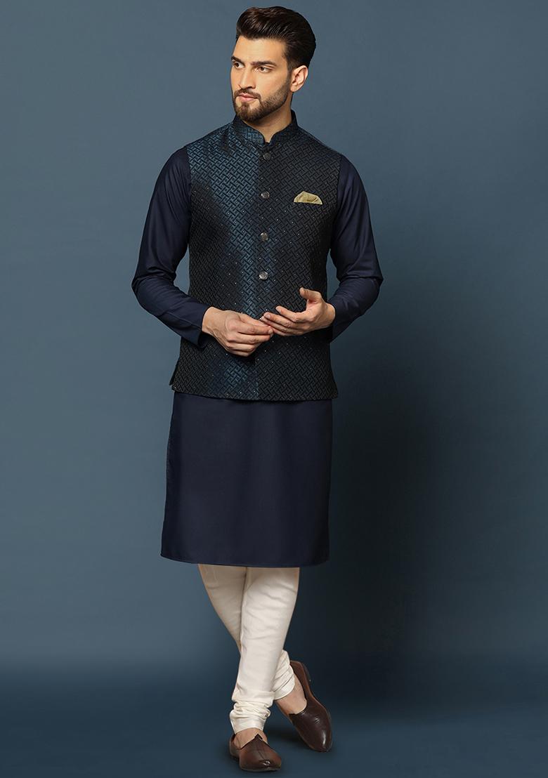 Navy Blue Embellished Silk Blend Jacquard Kurta Jacket Set