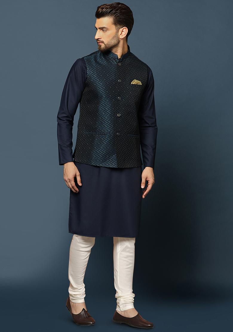 Navy Blue Embellished Silk Blend Jacquard Kurta Jacket Set
