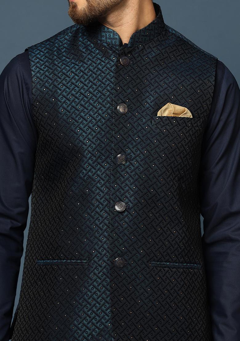 Navy Blue Embellished Silk Blend Jacquard Kurta Jacket Set