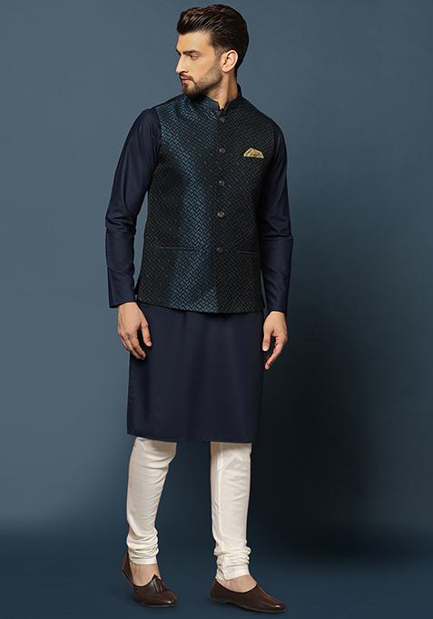 Navy Blue Embellished Silk Blend Jacquard Kurta Jacket Set