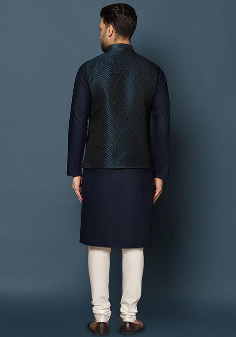 Navy Blue Embellished Silk Blend Jacquard Kurta Jacket Set