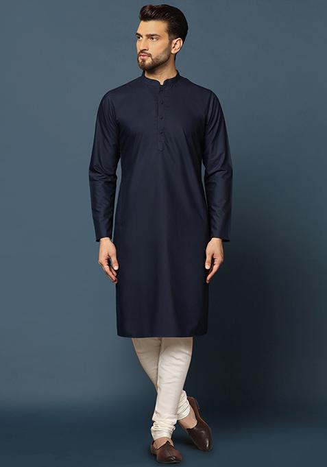 Navy Blue Embellished Silk Blend Jacquard Kurta Jacket Set