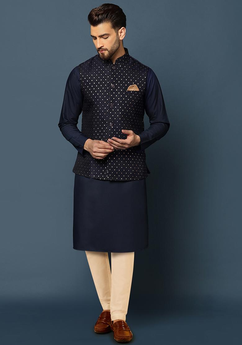 Navy Blue Jacquard Silk Blend Kurta Jacket Set