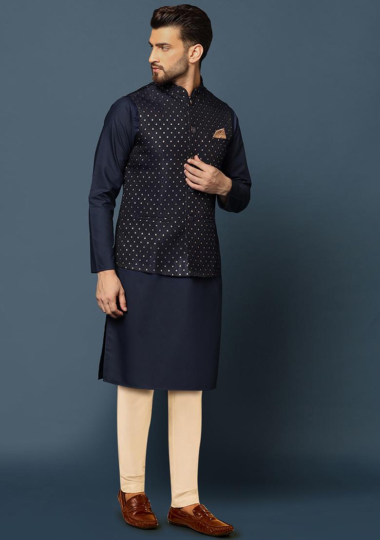 Navy Blue Jacquard Silk Blend Kurta Jacket Set