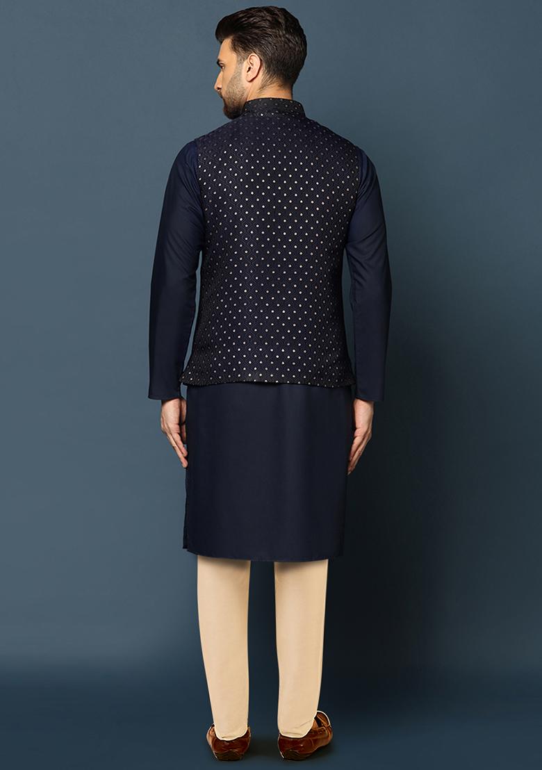 Navy Blue Jacquard Silk Blend Kurta Jacket Set