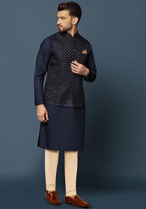 Navy Blue Jacquard Silk Blend Kurta Jacket Set