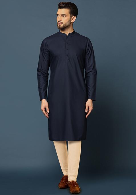 Navy Blue Jacquard Silk Blend Kurta Jacket Set