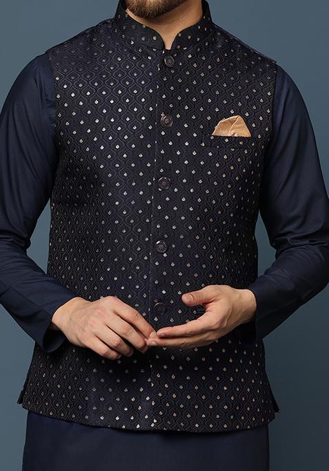 Navy Blue Jacquard Silk Blend Kurta Jacket Set