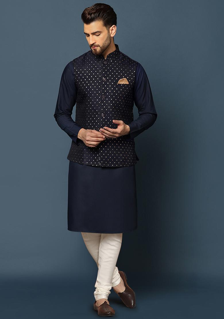 Navy Blue Embellished Silk Blend Jacquard Kurta Jacket Set