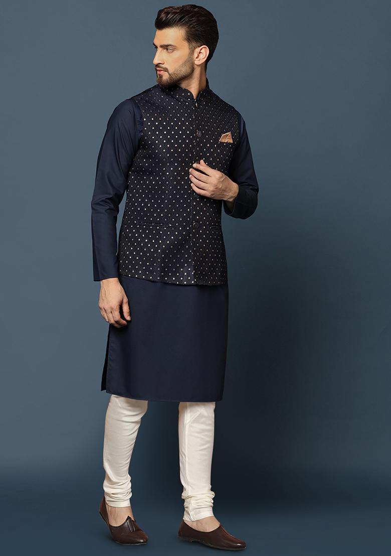 Navy Blue Embellished Silk Blend Jacquard Kurta Jacket Set