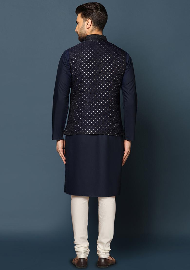 Navy Blue Embellished Silk Blend Jacquard Kurta Jacket Set