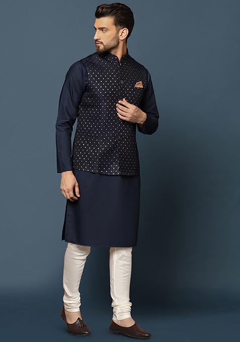 Navy Blue Embellished Silk Blend Jacquard Kurta Jacket Set