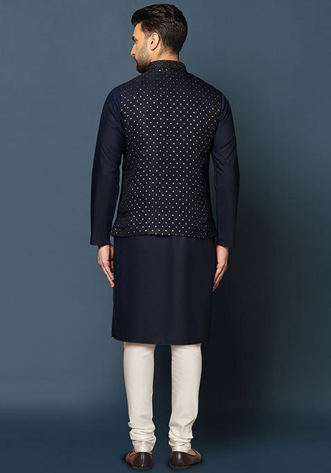 Navy Blue Embellished Silk Blend Jacquard Kurta Jacket Set