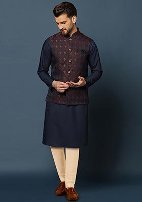 Maroon Jacquard Silk Blend Kurta Jacket Set