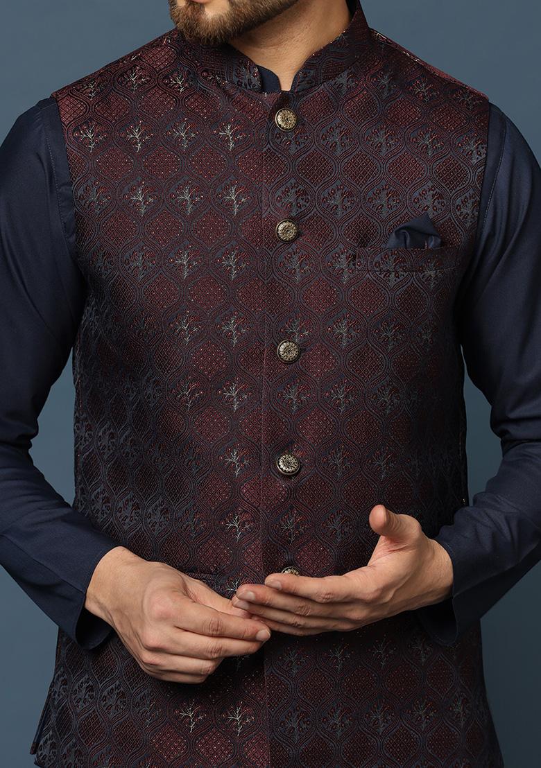 Maroon Jacquard Silk Blend Kurta Jacket Set - Indya