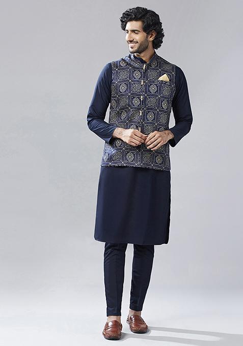 Navy Blue Printed Silk Blend Kurta Jacket Set