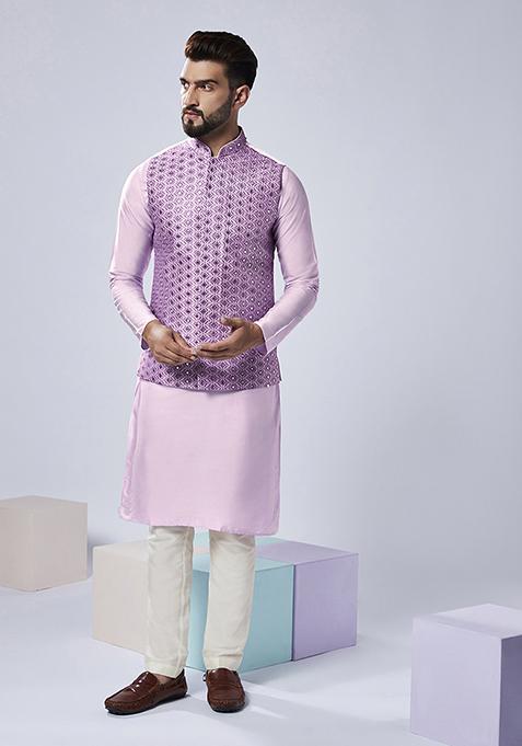Lilac Embroidered Silk Blend Kurta Jacket Set