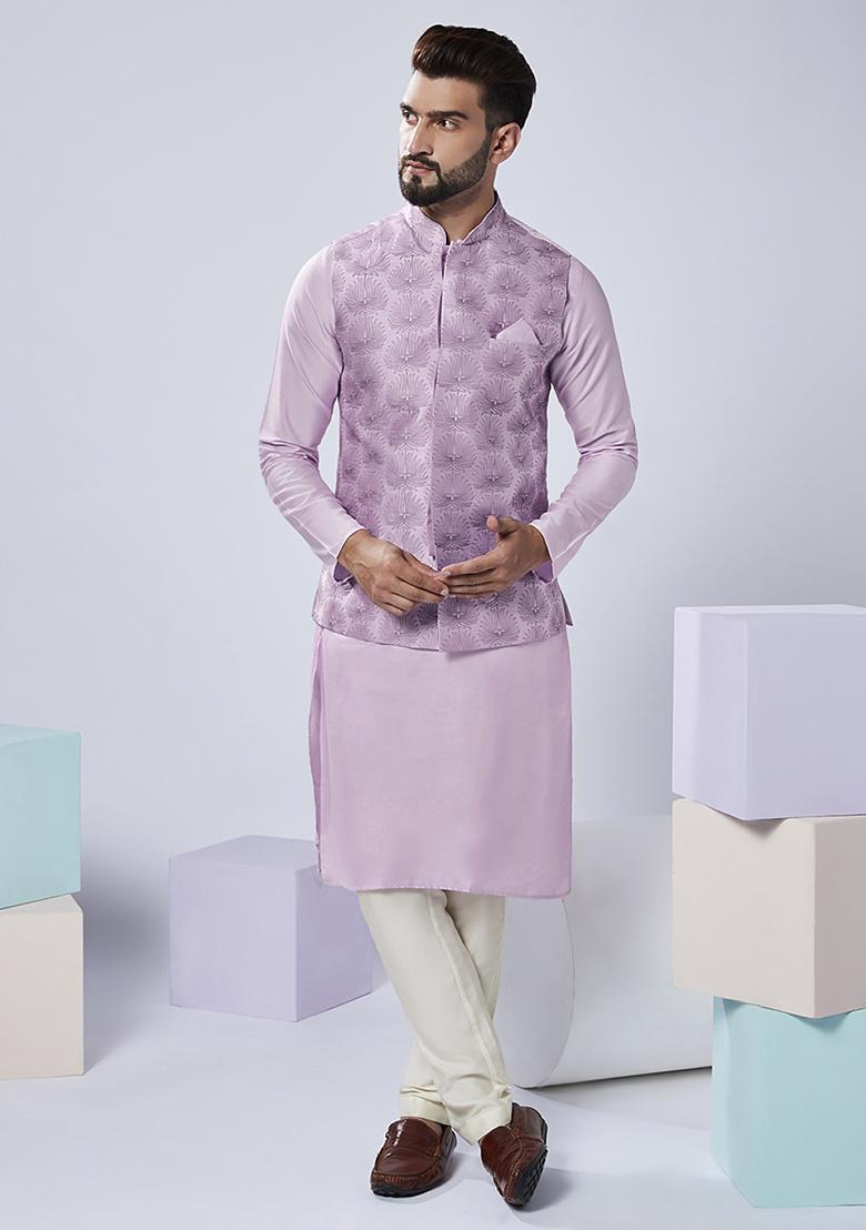 Lilac Embroidered Silk Blend Kurta Jacket Set