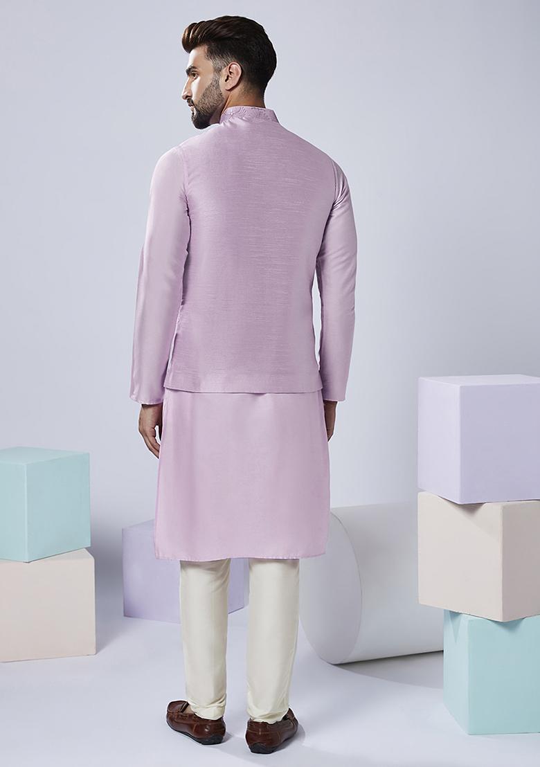 Lilac Embroidered Silk Blend Kurta Jacket Set