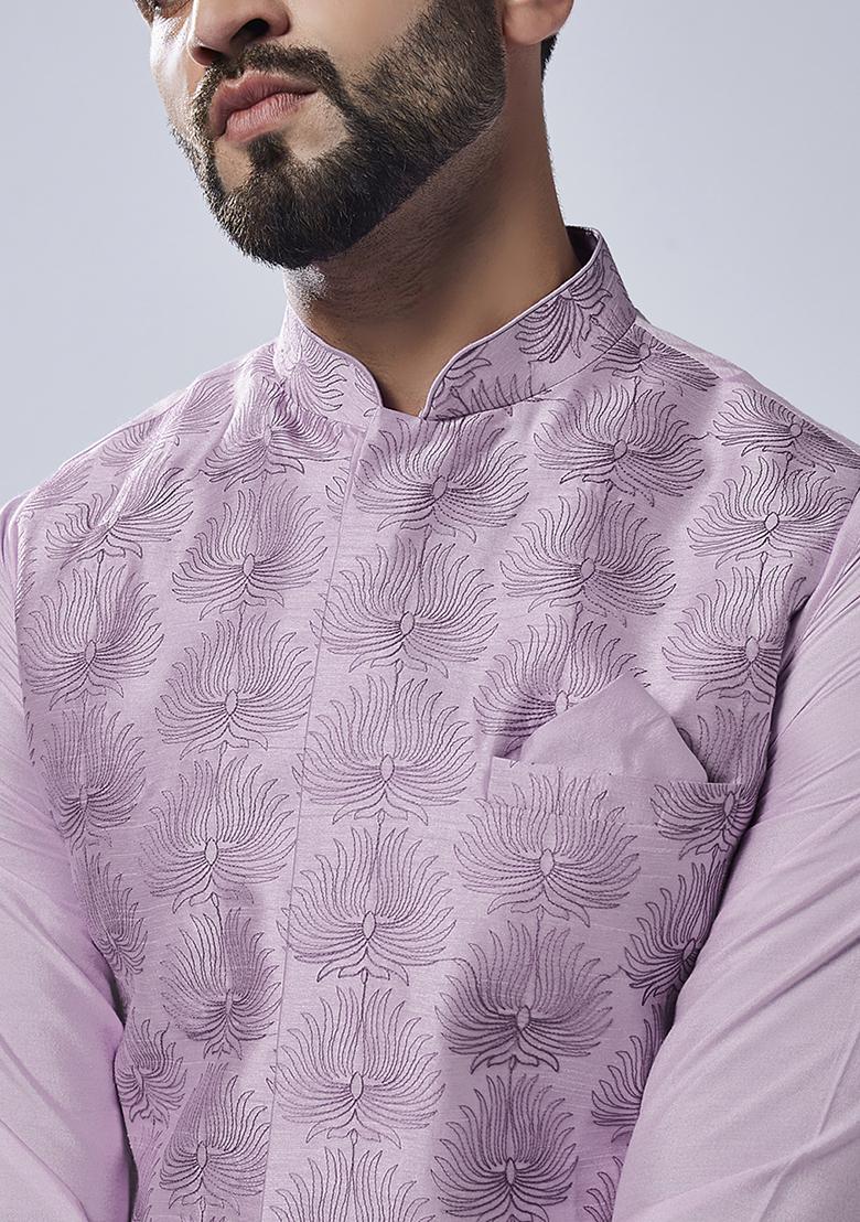 Lilac Embroidered Silk Blend Kurta Jacket Set