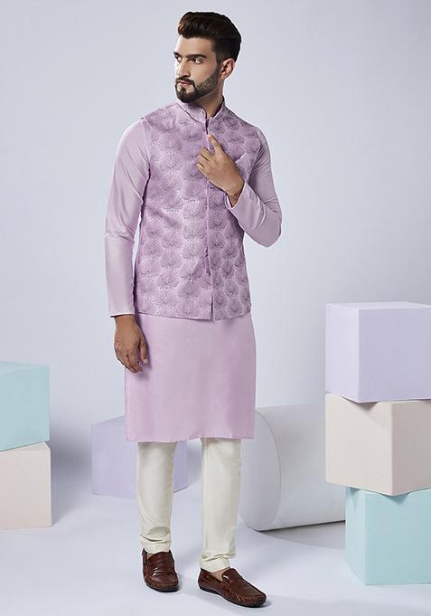 Lilac Embroidered Silk Blend Kurta Jacket Set