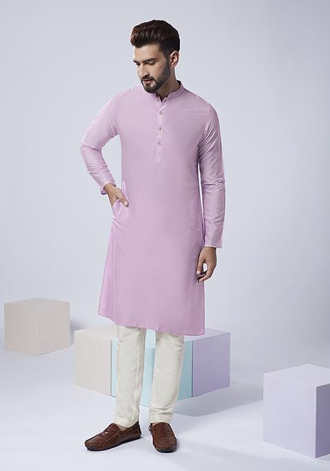 Lilac Embroidered Silk Blend Kurta Jacket Set