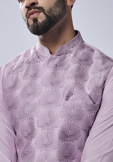 Lilac Embroidered Silk Blend Kurta Jacket Set