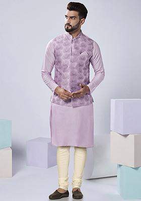 Lavender Embroidered Silk Blend Kurta Jacket Set
