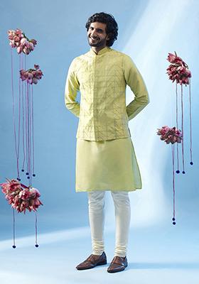 Pista Green Embroidered Silk Blend Kurta Jacket Set