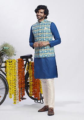 Blue Foil Print Cotton Blend Kurta Jacket Set