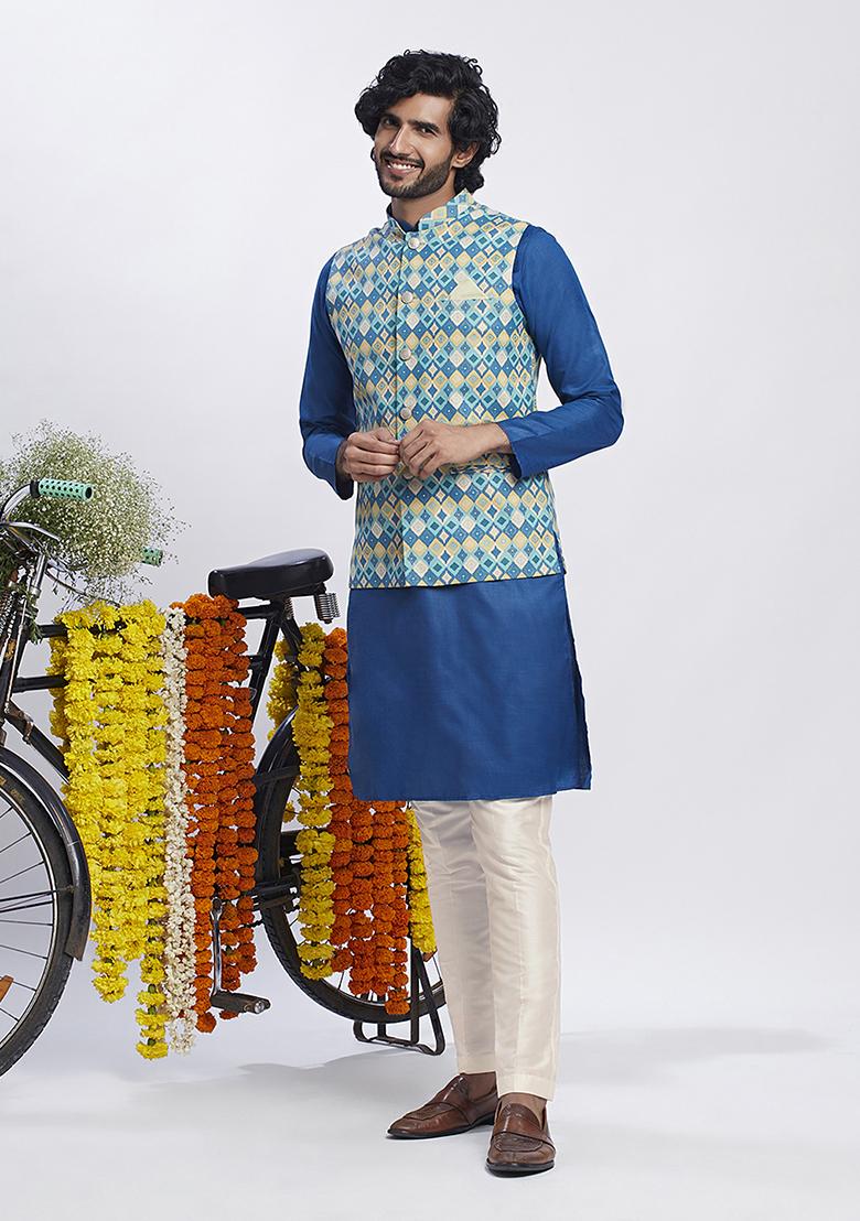 Blue Foil Print Cotton Blend Kurta Jacket Set