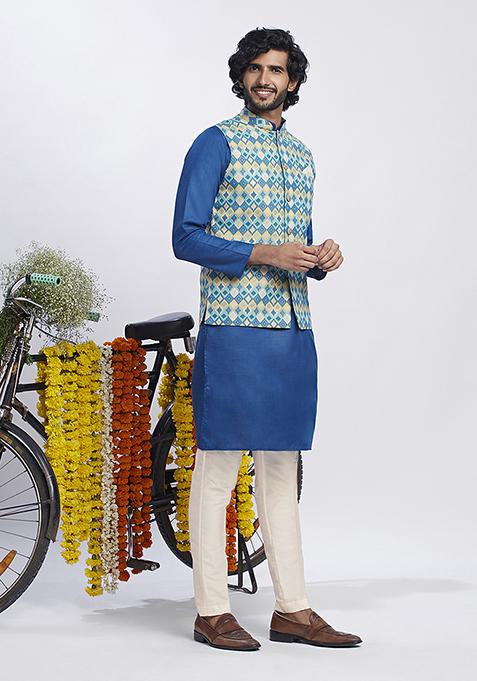 Blue Foil Print Cotton Blend Kurta Jacket Set