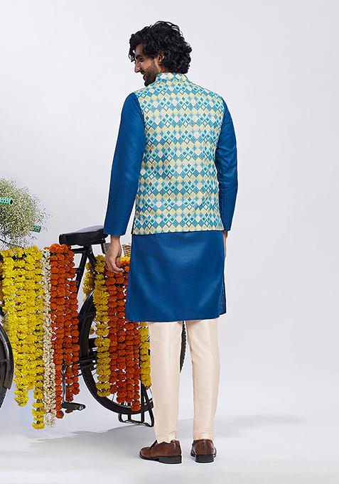 Blue Foil Print Cotton Blend Kurta Jacket Set