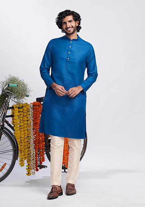 Blue Foil Print Cotton Blend Kurta Jacket Set