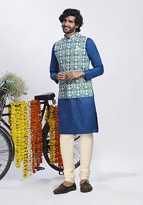 Blue Printed Cotton Blend Kurta Jacket Set