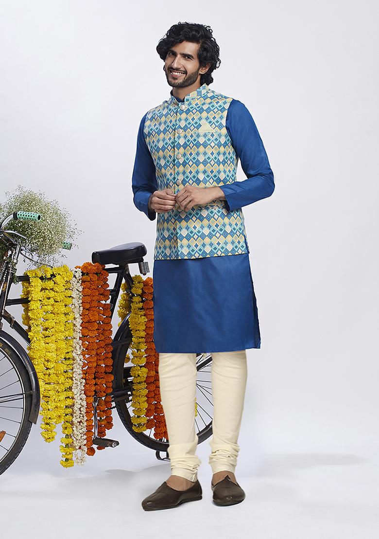 Blue Printed Cotton Blend Kurta Jacket Set